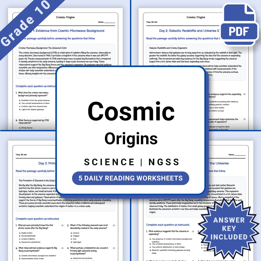 Grade 10 Science daily reading worksheet worksheet — Grade 10 Science – Cosmic Origins Daily Reading Worksheet(PDF +Answer…