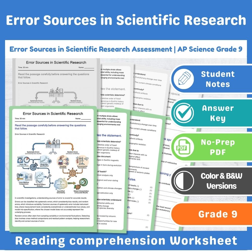 Grade 9 Science assessment worksheet — Error Sources in Scientific Research Assessment | AP Science Grade 9 — page 1