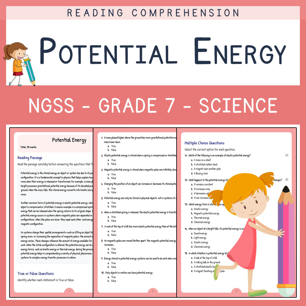 Grade 7 Science worksheet worksheet — Grade 7 Science | Potential Energy Worksheet & Answer Key for NGSS Standards — page 1