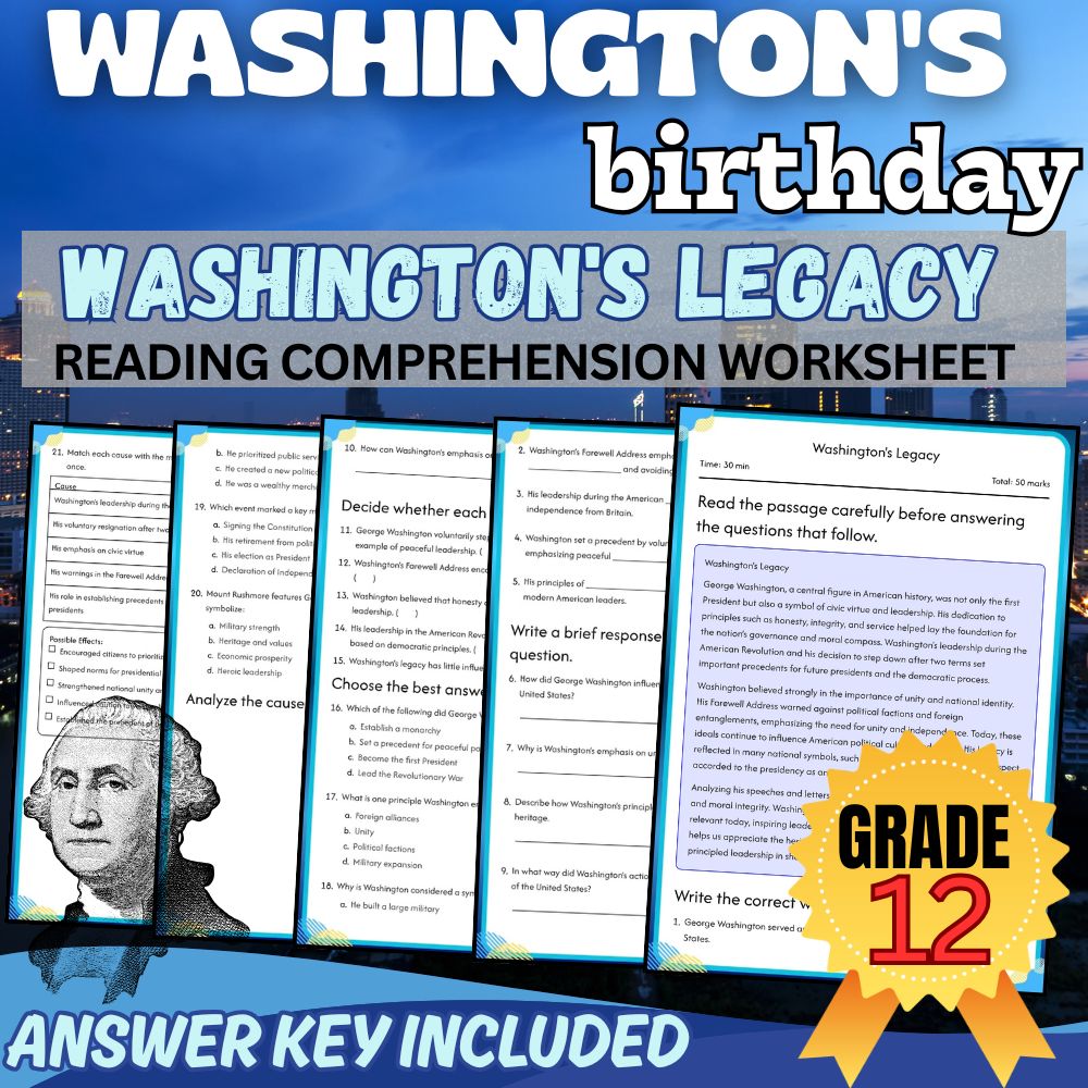 Grade 12 | Washington's Legacy Worksheet for Mastering US History|PDF+Answer Key