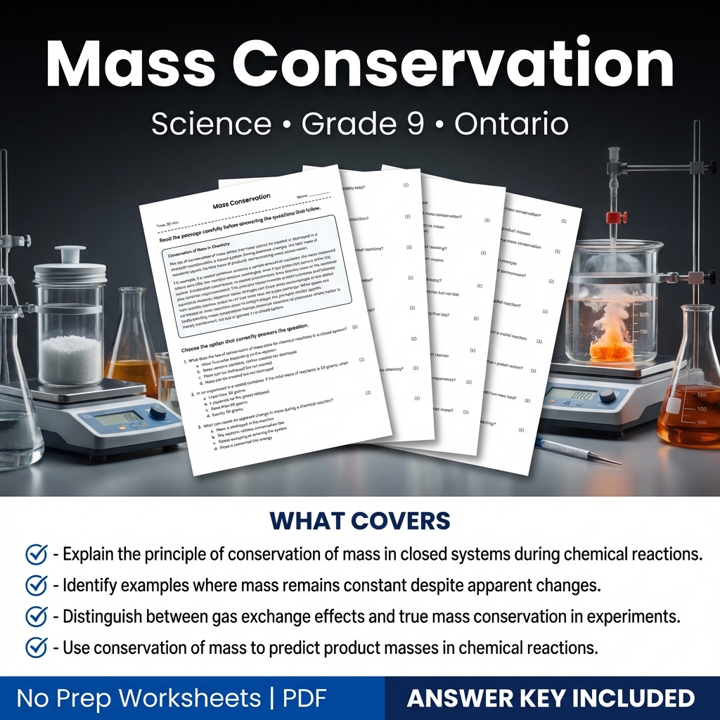 Mass Conservation Science Worksheet | Grade 9 Ontario Standard Practice