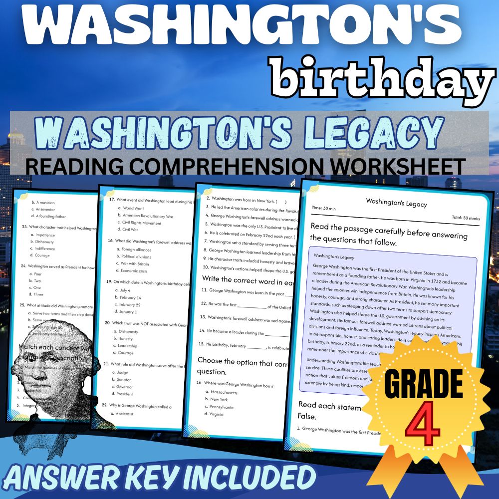 Grade 4 Social Studies |Washington's Legacy Worksheet for Mastery|PDF+Answer Key