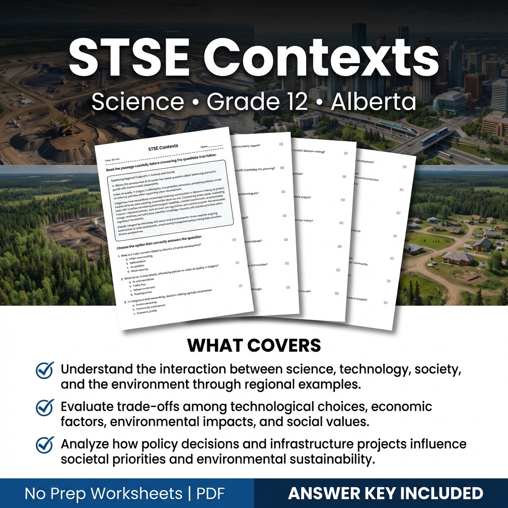 Grade 12 Science Worksheet on STSE Contexts | Alberta Standards