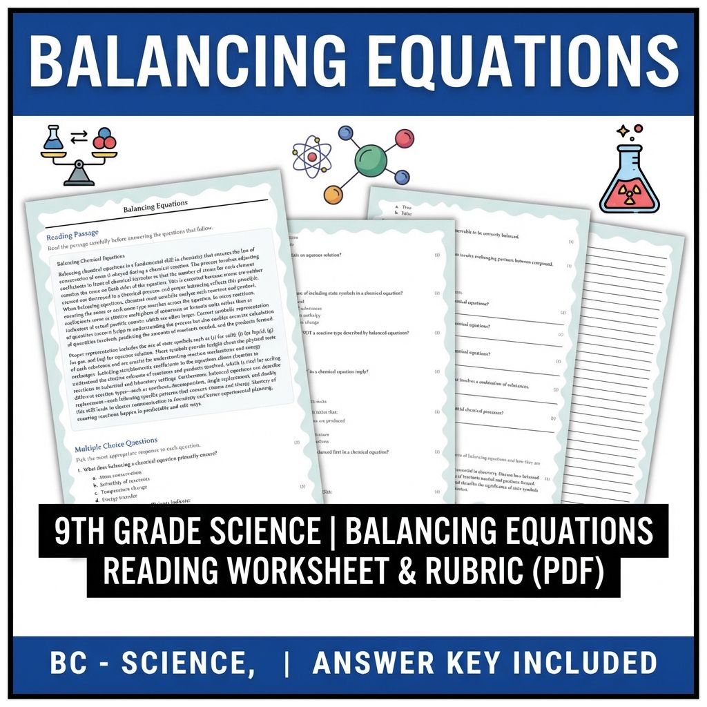 9th Grade Science | Balancing Equations Reading Worksheet & Rubric (PDF)