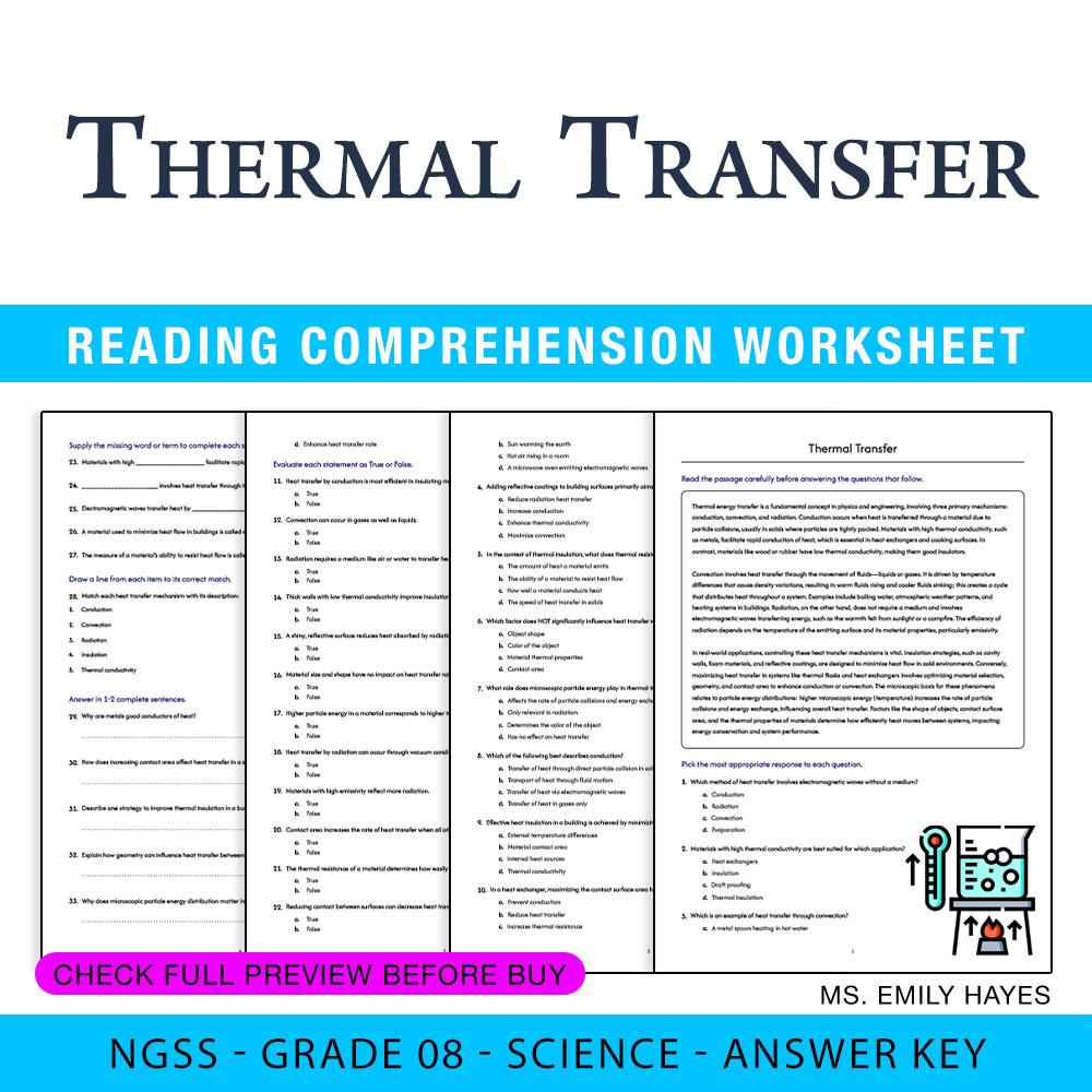 Grade 8 Science worksheet worksheet — 8th Grade Science | Thermal Transfer Worksheet (PDF+ Answer Key) — page 1