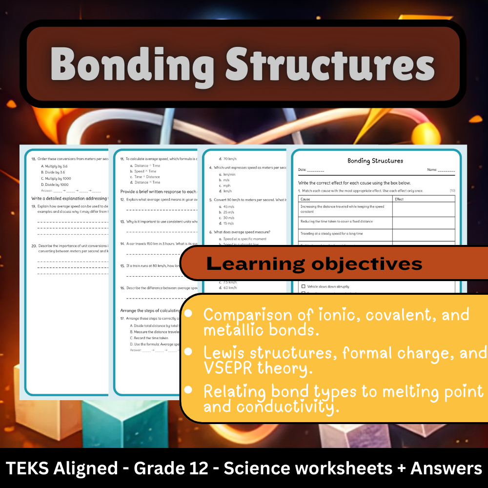 Grade 12 Science science 1 worksheet — Grade 12 Science – Bonding Structures Worksheet + Answer Key (TEKS Aligned PDF)