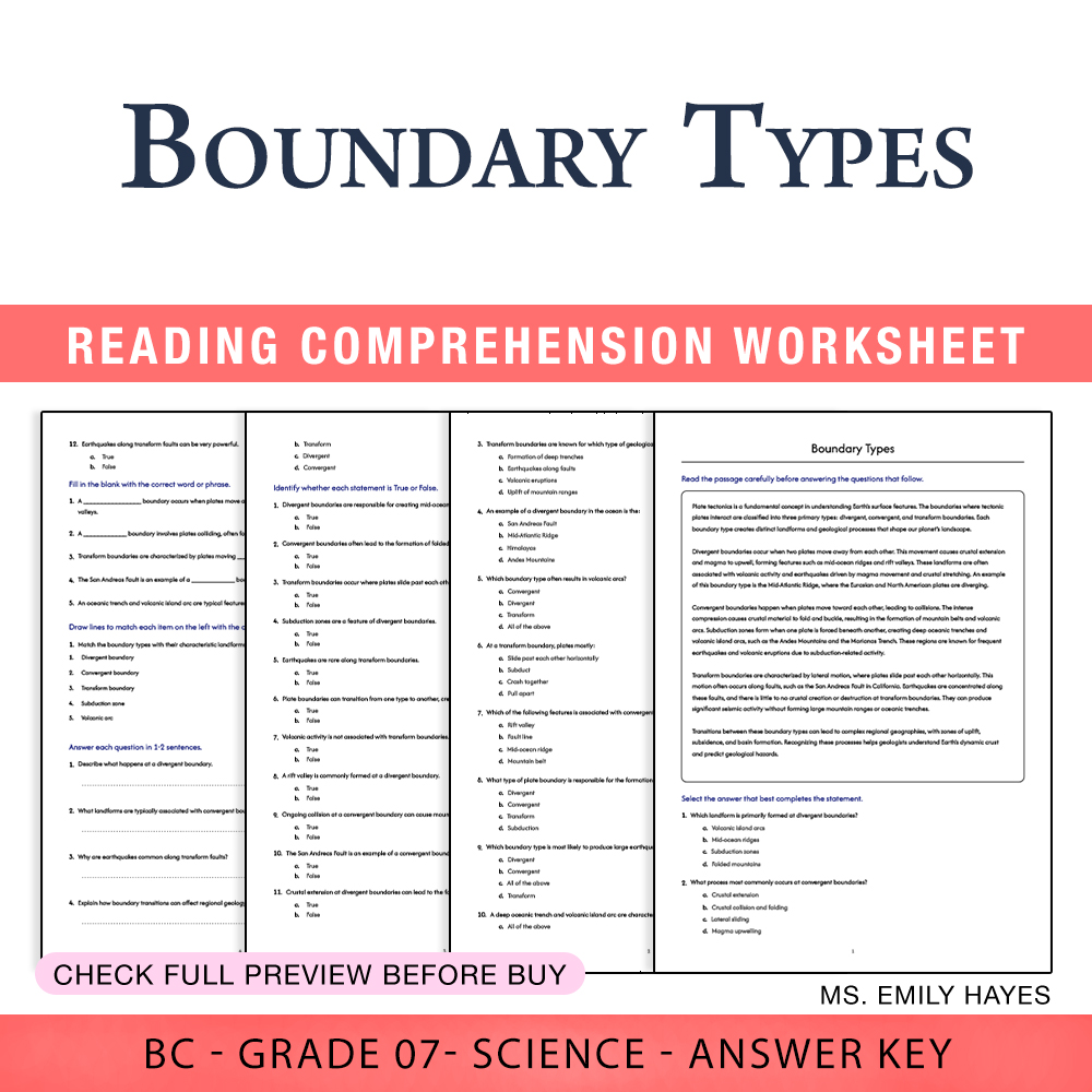 Grade 7 Science worksheet worksheet — 7th Grade Science | Boundary Types Worksheet (PDF+ Answer Key) — page 1