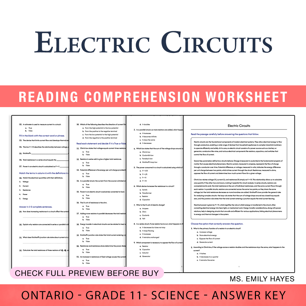 Grade 11 Science worksheet worksheet — 11th Grade Science | Electric Circuits Worksheet (PDF + Answer Key) — page 1