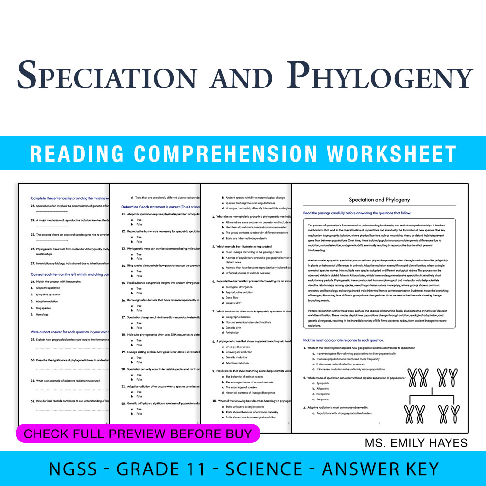 Grade 11 Science worksheet worksheet — 11th Grade Science | Speciation and Phylogeny Worksheet  (PDF+ Answer Key) — page 1