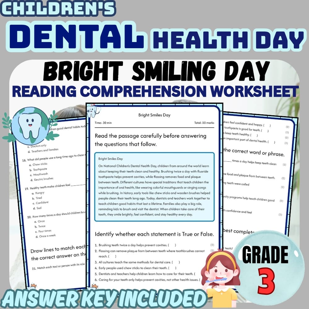 Grade 3 Holiday | Dental health day worksheet for mastery | PDF + Answer Key