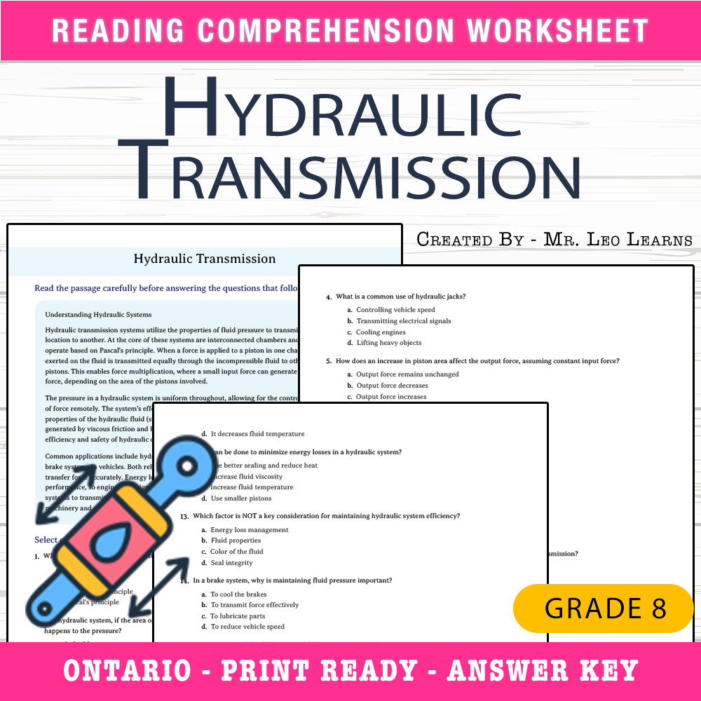 Grade 8 Science worksheet worksheet — Grade 8 Science | Hydraulic Transmission Worksheet for Mastery — page 1