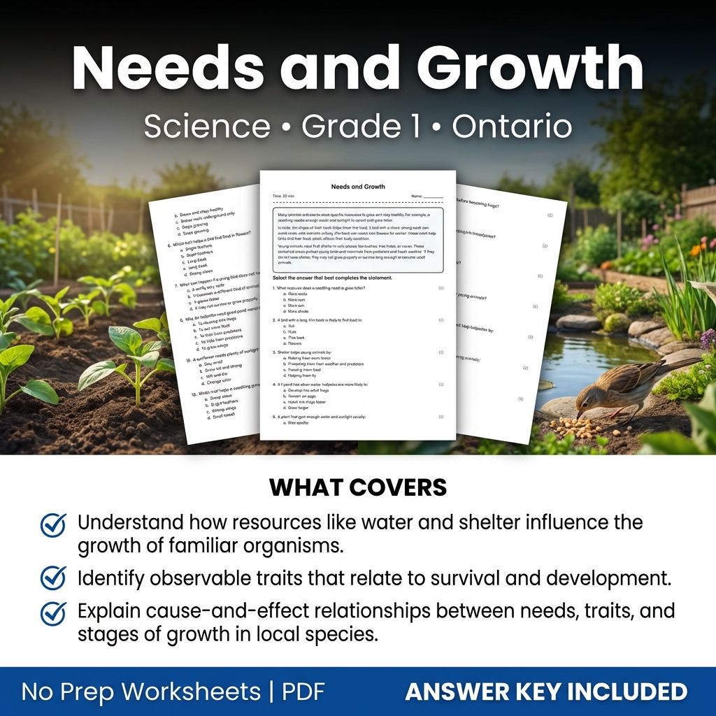 Needs and Growth Grade 1 Science Worksheet | Ontario Standards Practice