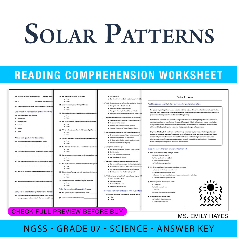 Grade 7 Science worksheet worksheet — Grade 7 Science | Solar Patterns Worksheet (PDF+ Answer Key) — page 1