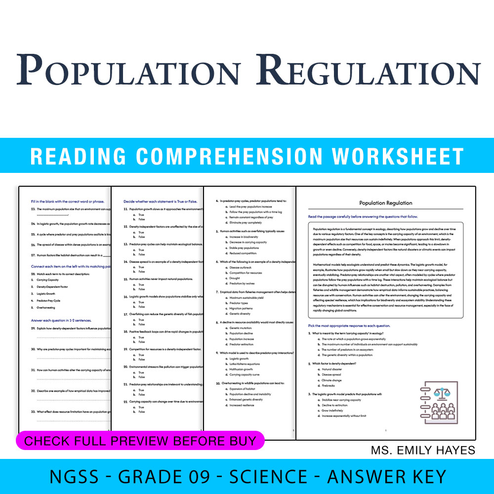Grade 9 Science worksheet worksheet — 9th Grade Science | Population Regulation Worksheet (PDF+ Answer Key) — page 1