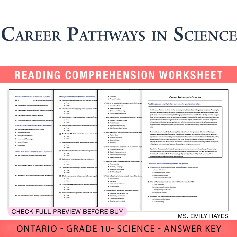 Grade 10 Science worksheet worksheet — Grade 10 Science | Career Pathways Worksheet (PDF + Answer Key) — page 1