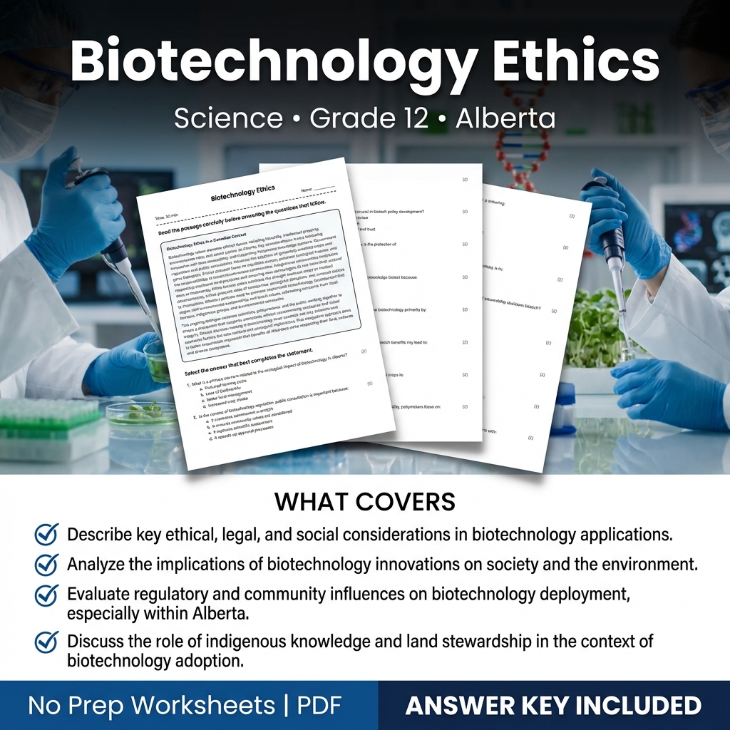 Biotechnology Ethics Worksheet for Grade 12 Science – Alberta Standards