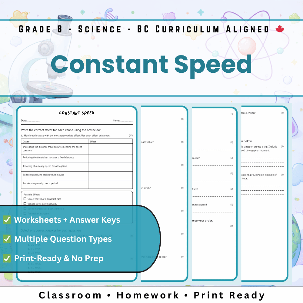 Grade 8 Science science 1 worksheet — Grade 8 Science | Constant Speed Worksheet (PDF) – BC Standards & Practice