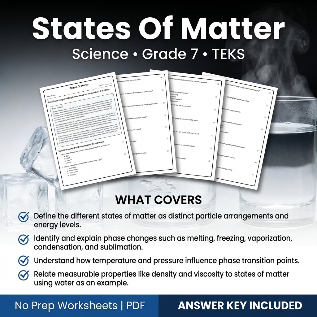 States Of Matter Grade 7 Science Worksheet | TEKS Aligned