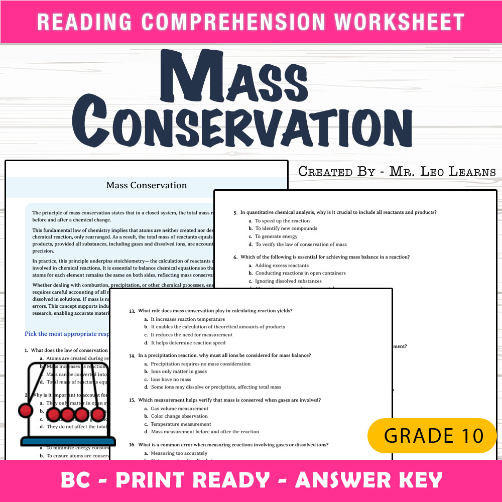 Grade 10 Science worksheet mcq paper worksheet — Grade 10 Science — Mass Conservation Worksheet MCQ Paper — page 1