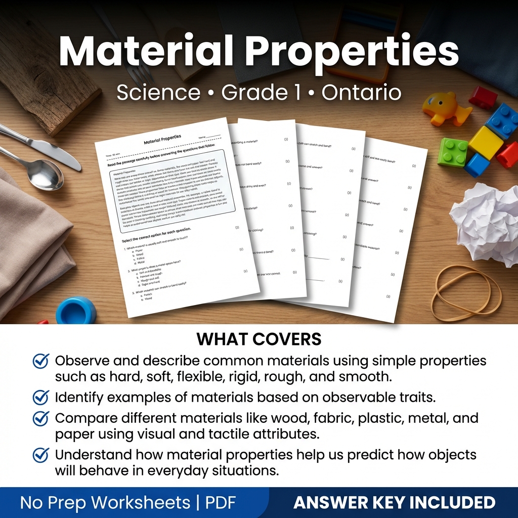Material Properties Grade 1 Science Worksheet | Ontario Standards