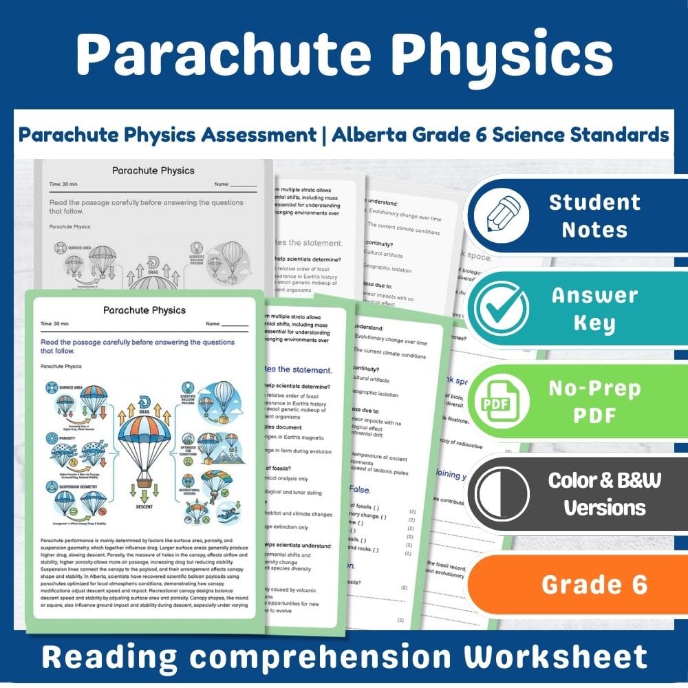 Grade 6 Science assessment worksheet — Parachute Physics Assessment | Alberta Grade 6 Science Standards — page 1