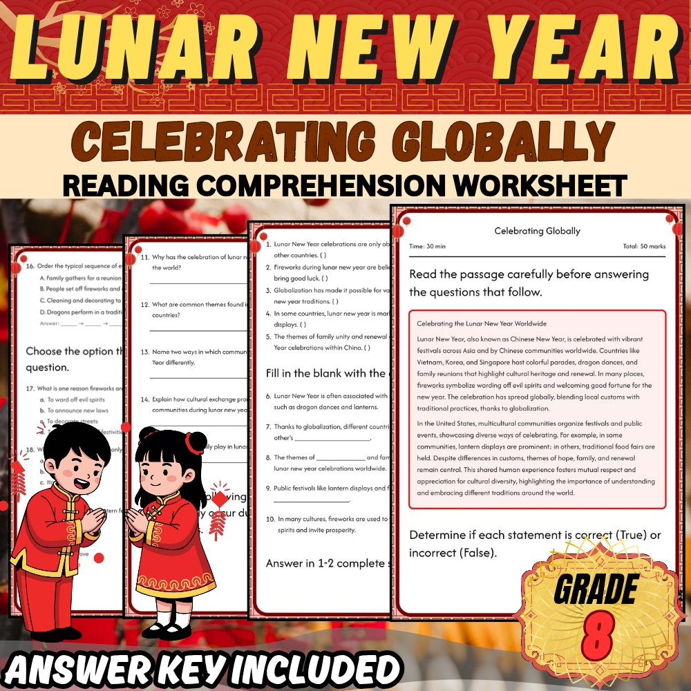 Grade 8 Holiday Unit | Chinese New Year & Lunar New Year Cultural Worksheets — included worksheet 3