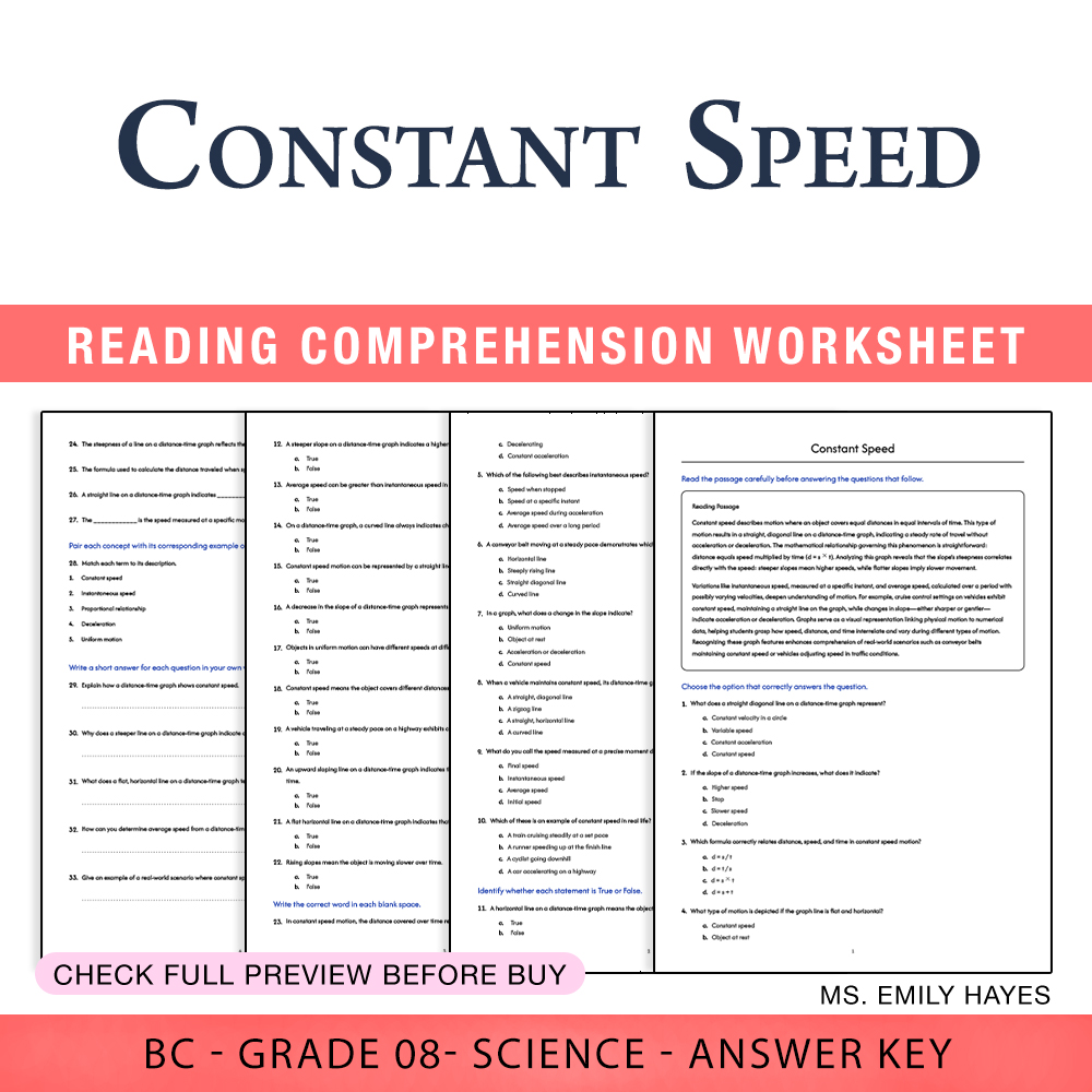Grade 8 Science worksheet worksheet — 8th Grade Science | Constant Speed Worksheet (PDF+ Answer Key) — page 1