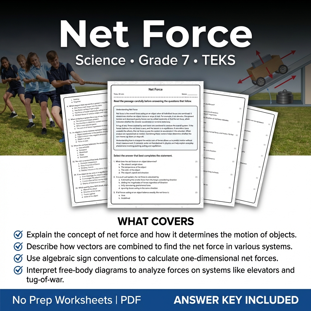 Grade 7 Science Net Force Worksheet | TEKS-Aligned Practice and Assessment