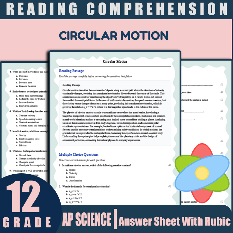 Grade 12 Science reading worksheets worksheet — Grade 12 Science | Circular Motion Reading Worksheets (PDF + Rubric) — page 1