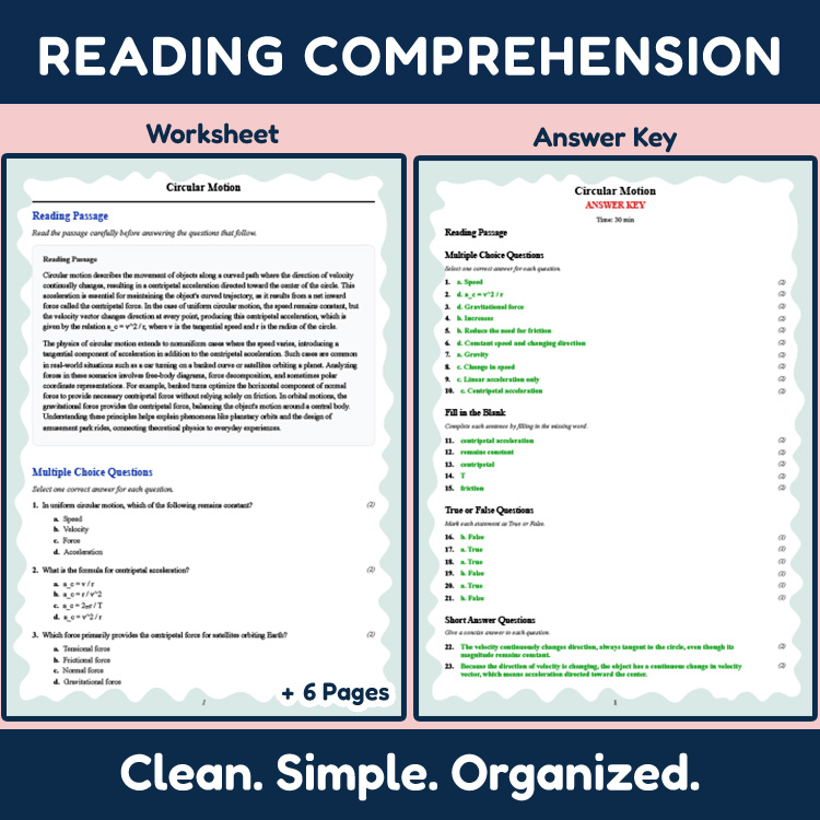 Grade 12 Science reading worksheets worksheet — Grade 12 Science | Circular Motion Reading Worksheets (PDF + Rubric) — page 2