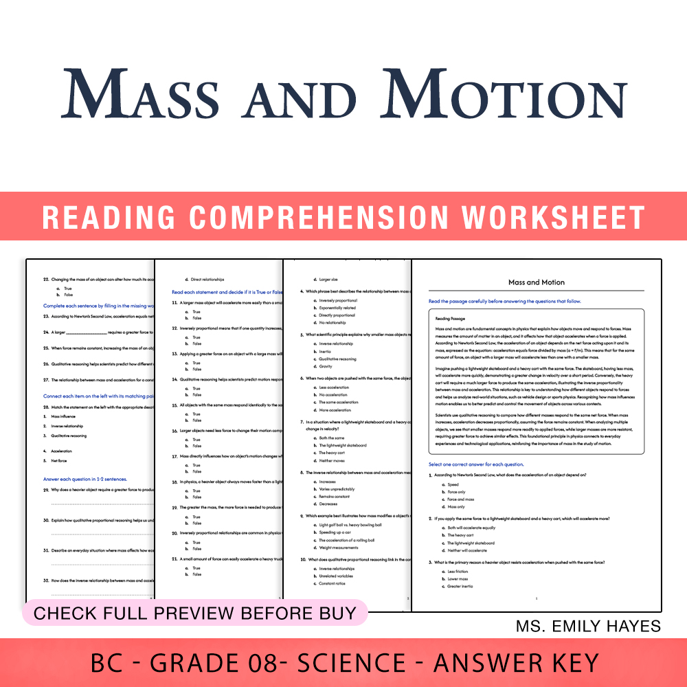 Grade 8 Science worksheet worksheet — 8th Grade Science | Mass and Motion Worksheet (PDF+ Answer Key) — page 1