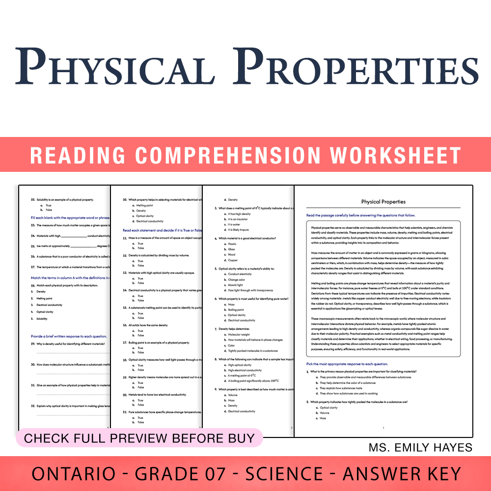 Grade 7 Science worksheet worksheet — 7th Grade Science | Physical Properties Worksheet (PDF+ Answer Key) — page 1
