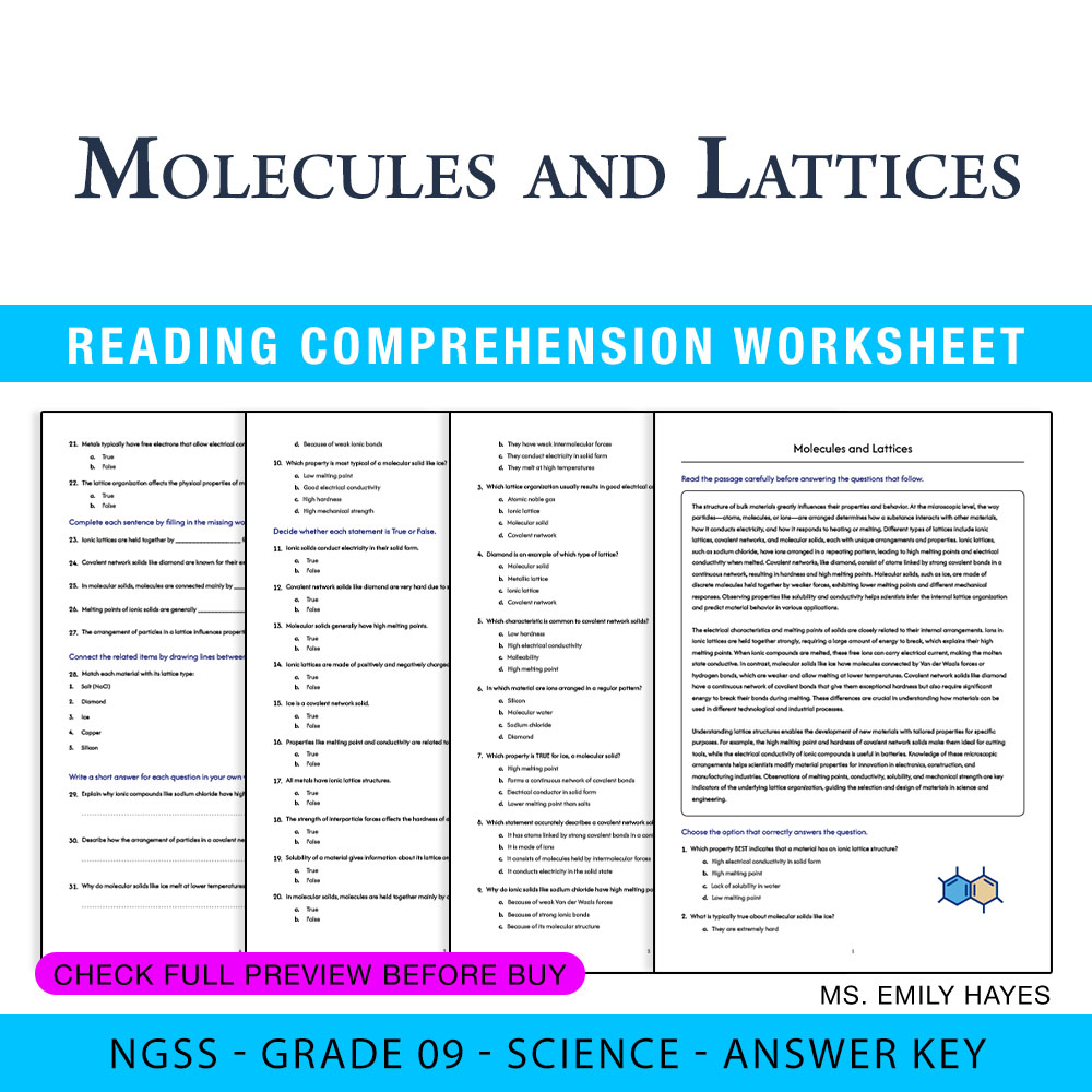 Grade 9 Science worksheet worksheet — 9th Grade Science | Molecules and Lattices Worksheet (PDF + Answer Key) — page 1