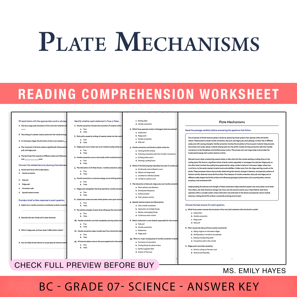 Grade 7 Science worksheet worksheet — Grade 7 Science | Plate Mechanisms Worksheet (PDF+ Answer Key) — page 1