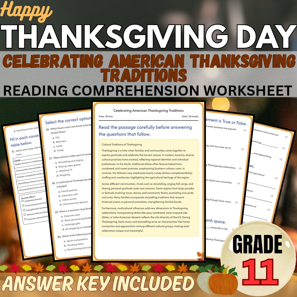 Grade 11|Celebrating American Thanksgiving Traditions PDF Worksheet + Answer Key
