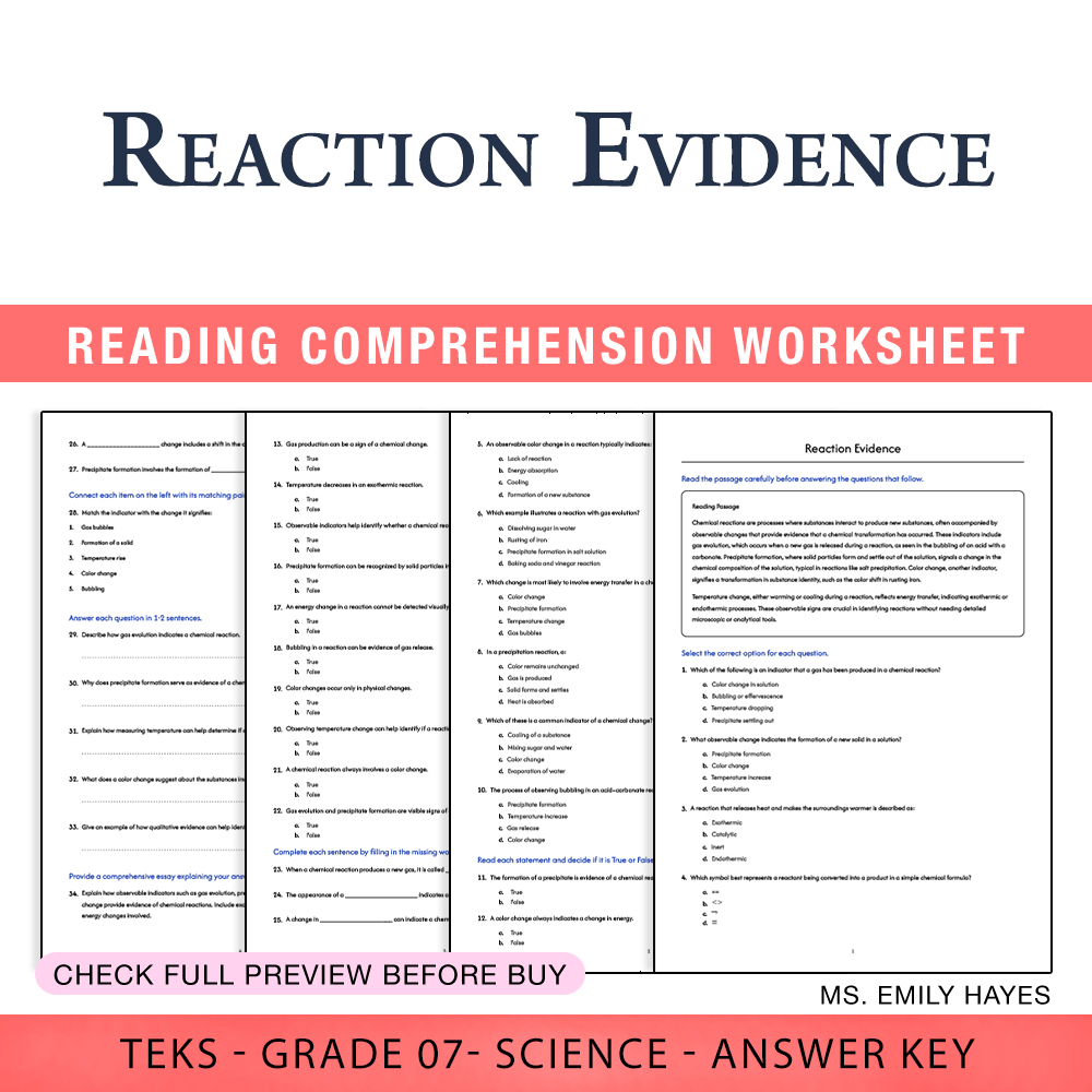 Grade 7 Science worksheet worksheet — 7th Grade Science | Reaction Evidence Worksheet (PDF+ Answer Key) — page 1