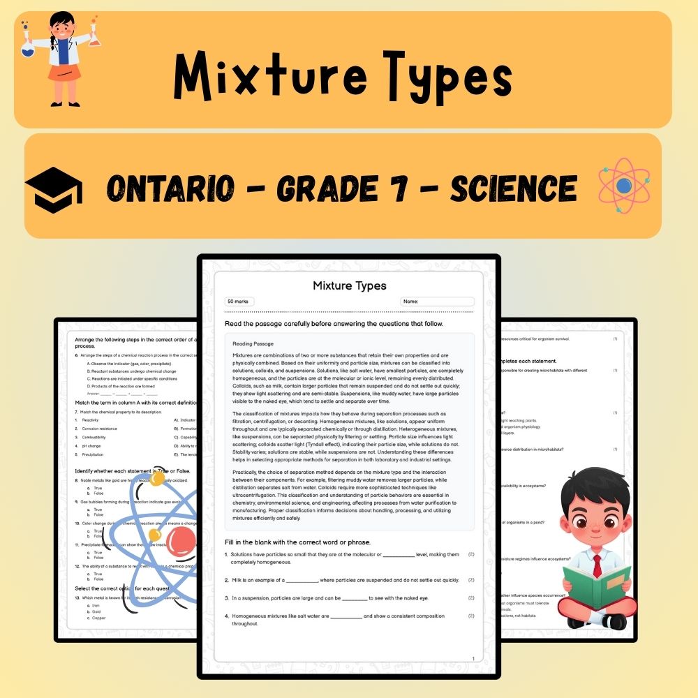 Grade 7 Science worksheet worksheet — Grade 7 Science | Mixture Types Worksheet (PDF) – Ontario Standards — page 1