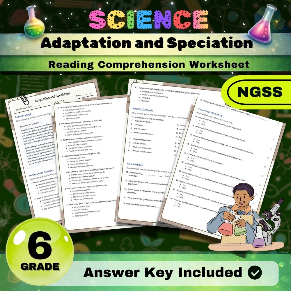 Grade 6 Science science ngss worksheet — 6th Grade Science | Adaptation and Speciation NGSS Worksheet (PDF + Answer Key)