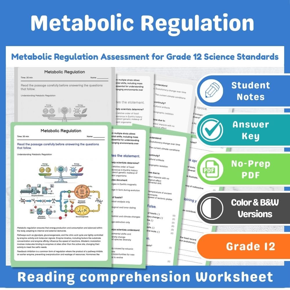 Grade 12 Science assessment worksheet — Metabolic Regulation Assessment for Grade 12 Science Standards — page 1