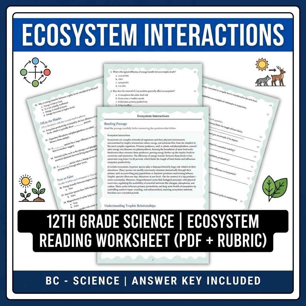 12th Grade Science | Ecosystem Interactions Reading Worksheet (PDF + Rubric)