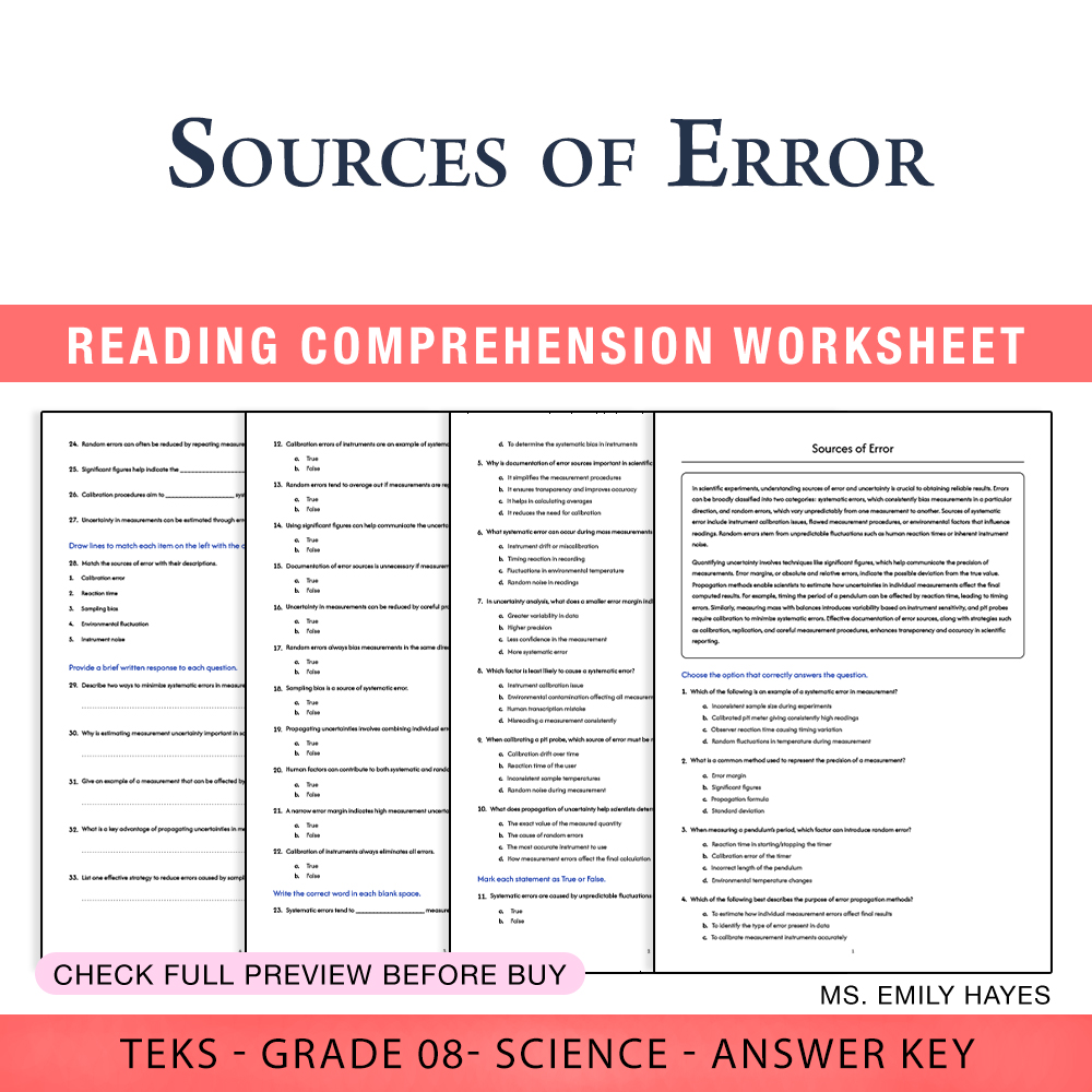 Grade 8 Science worksheet worksheet — 8th Grade Science | Sources of Error Worksheet (PDF+ Answer Key) — page 1