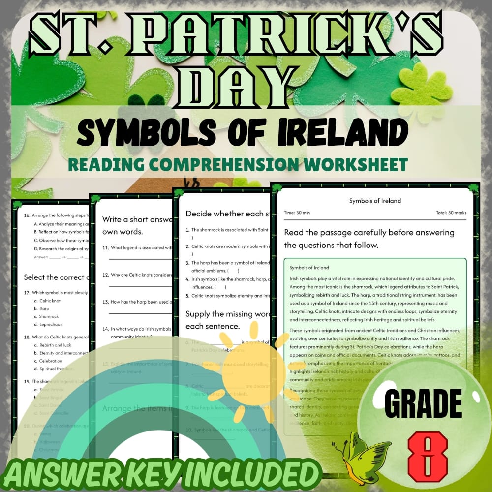Grade 8 Holiday Worksheets Bundle | St. Patrick's Day Irish Culture & Folklore — included worksheet 4