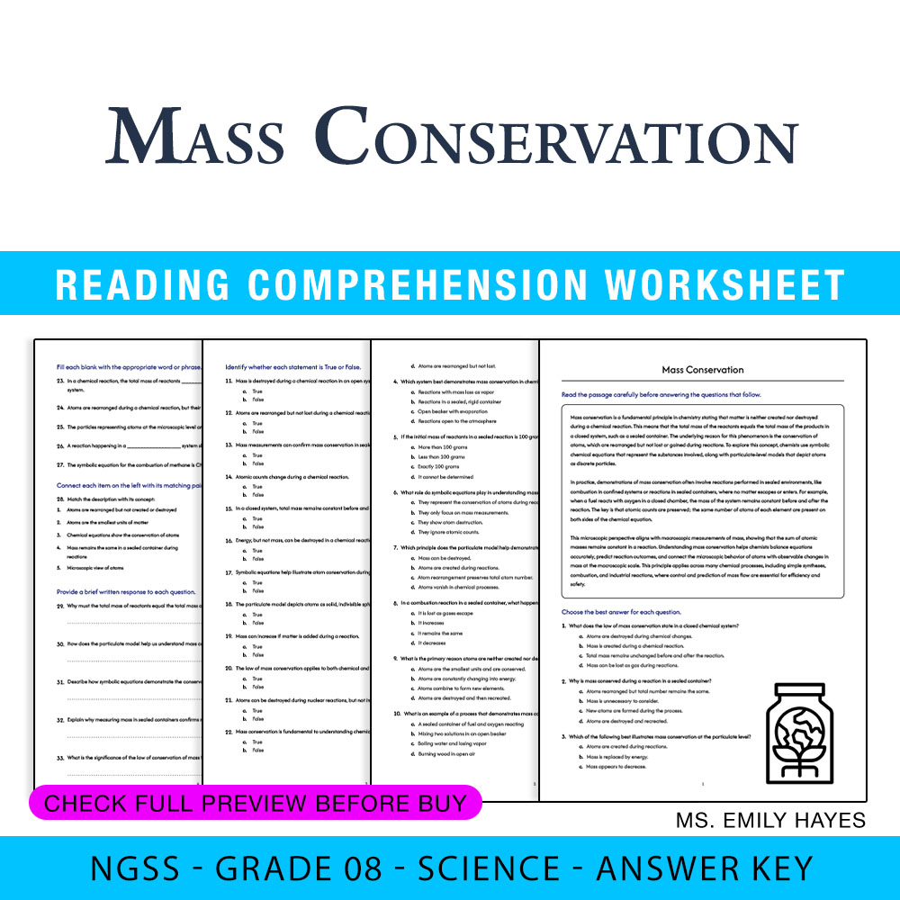 Grade 8 Science worksheet worksheet — Grade 8 Science | Mass Conservation Worksheet (PDF+ Answer Key) — page 1
