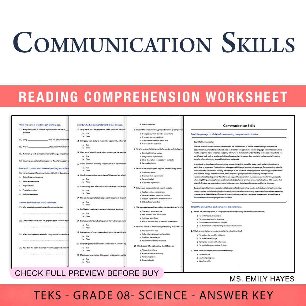 Grade 8 Science worksheet worksheet — 8th Grade Science | Communication Skills Worksheet (PDF+ Answer Key) — page 1