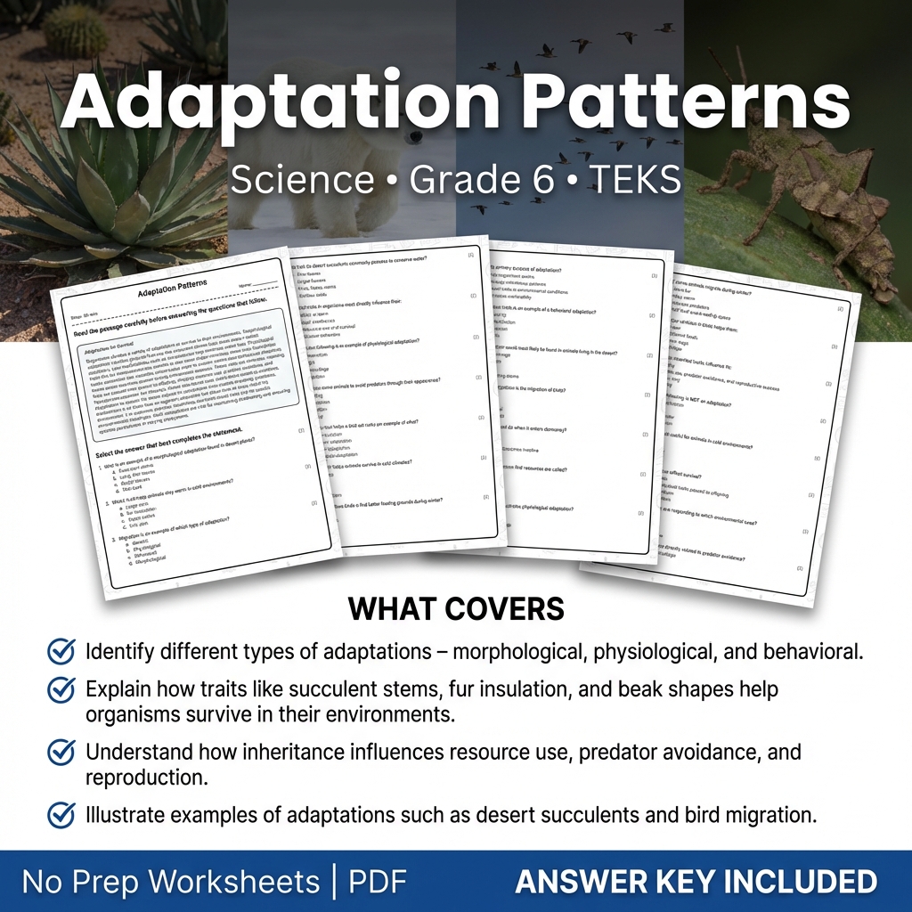 Grade 6 Science Worksheet on Adaptation Patterns | TEKS Standards