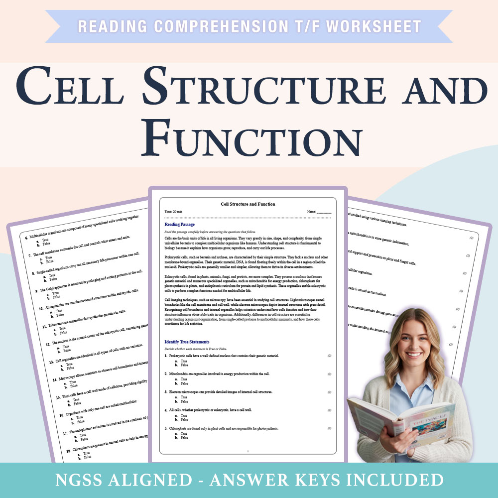 Grade 8 Science reading comprehensions true or false worksheet worksheet — 8th Grade Science | Cell Structure & Function W…