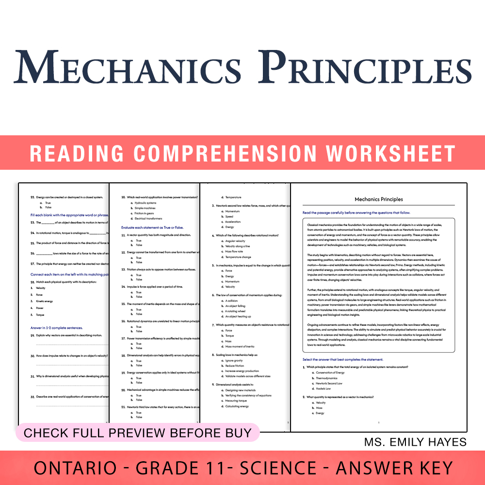 Grade 11 Science worksheet worksheet — 11th Grade Science | Mechanics Principles Worksheet (PDF + Answer Key) — page 1
