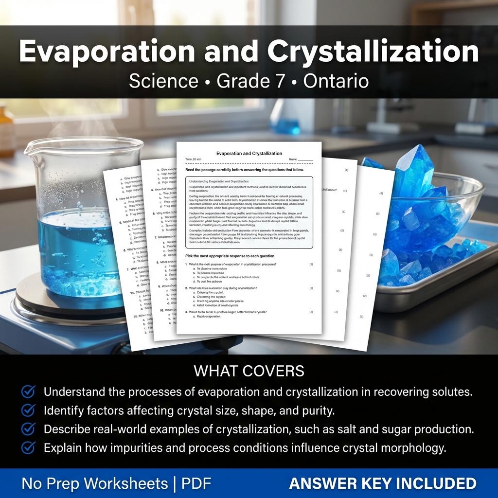 Grade 7 Science Worksheet on Evaporation and Crystallization | Ontario Standard