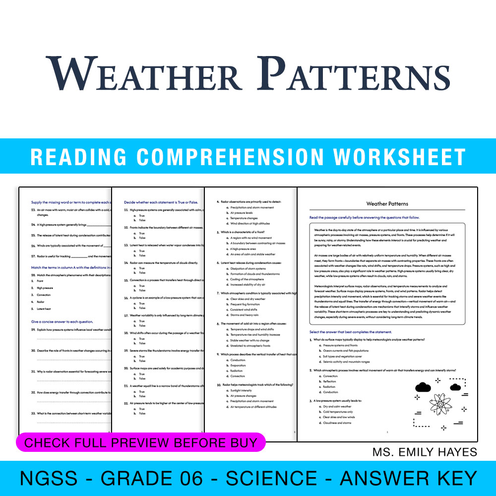 Grade 6 Science worksheet worksheet — 6th Grade Science | Weather Patterns Worksheet (PDF + Answer Key) — page 1