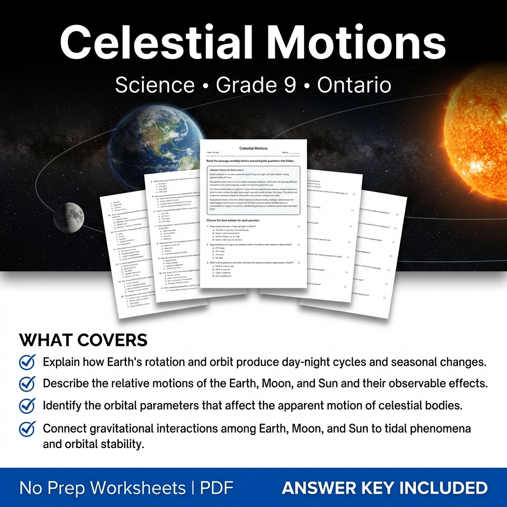 Celestial Motions Worksheet for Grade 9 Science | Ontario Standards